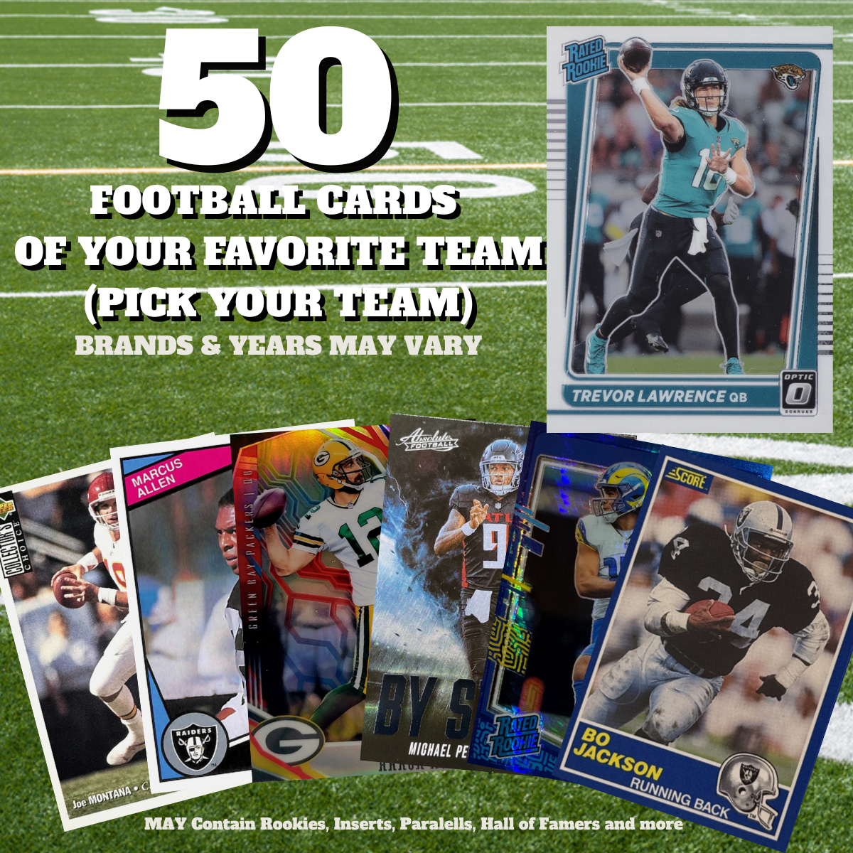 Football Cards 50 Card Team Lot - PICK YOUR TEAM (Possible: HOF, Rookies, Insert, Parallels and more)