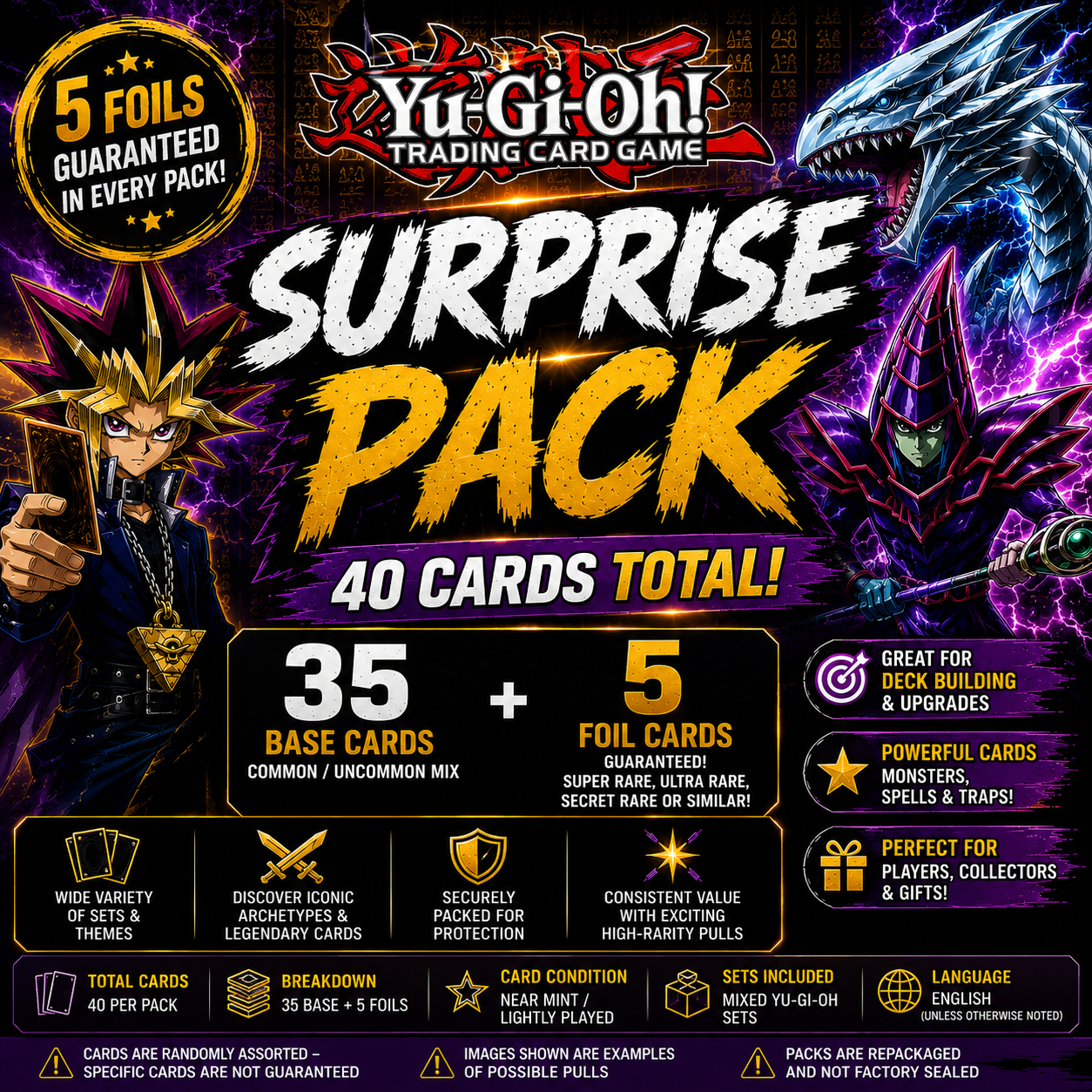 Yu-Gi-Oh Surprise Pack – 40 Cards – 5 Foils Guaranteed – Rare & Holo Bundle – Authentic TCG Card Lot