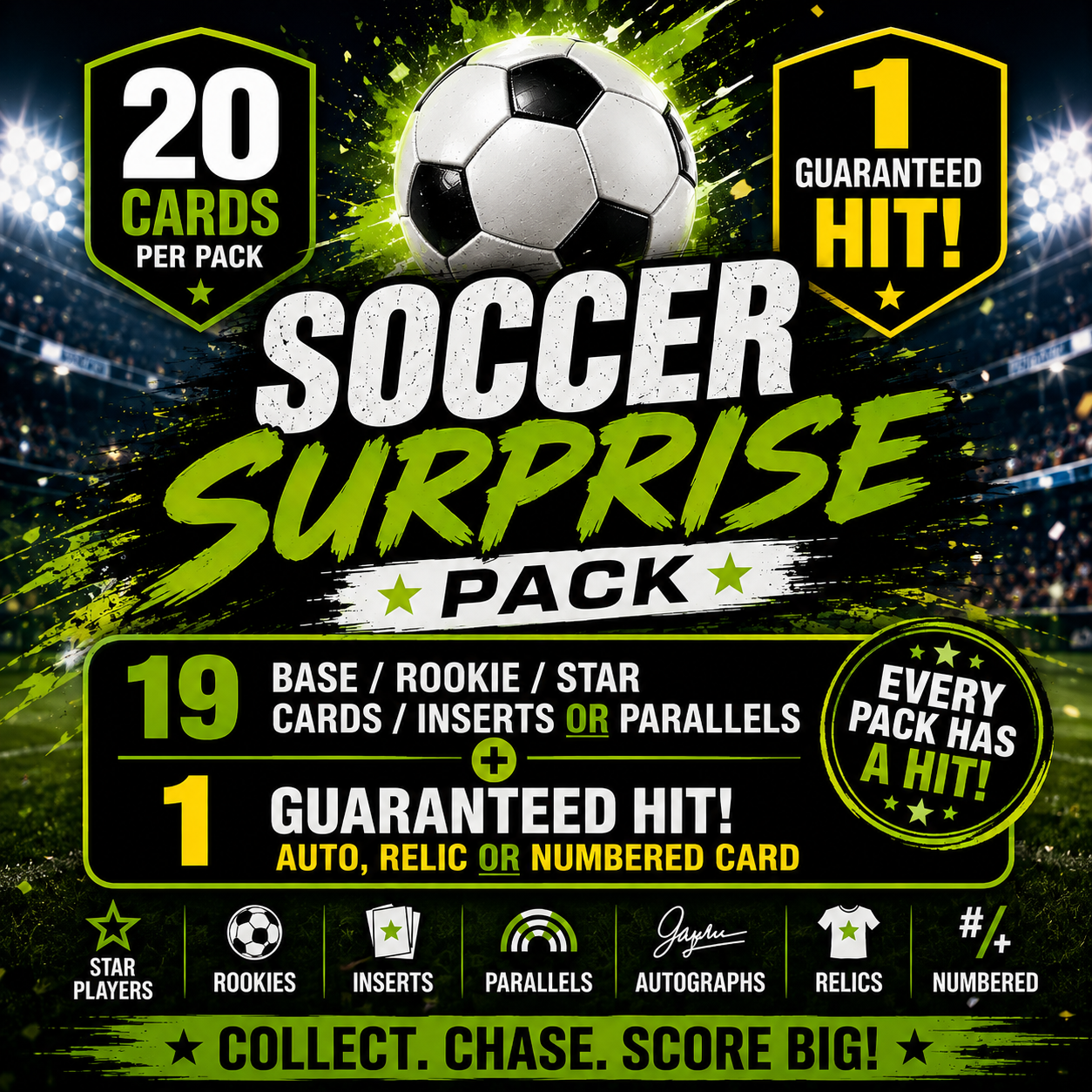 Soccer Trading Card Surprise Pack – 1 Guaranteed Hit! Auto, Relic or Numbered Card – Rookies, Stars, Inserts & Parallels