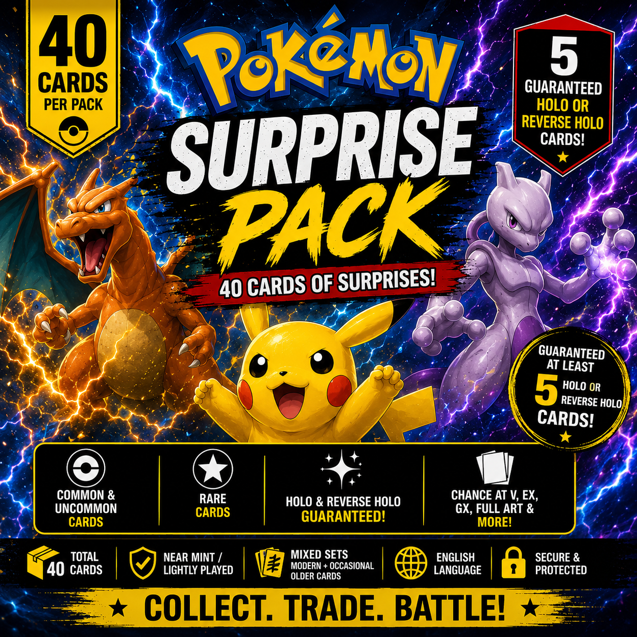 Pokémon Surprise Pack – 40 Cards – Guaranteed Holo in Every Pack – Rare & Ultra Rare Chance – Authentic TCG Cards – Collector Bundle