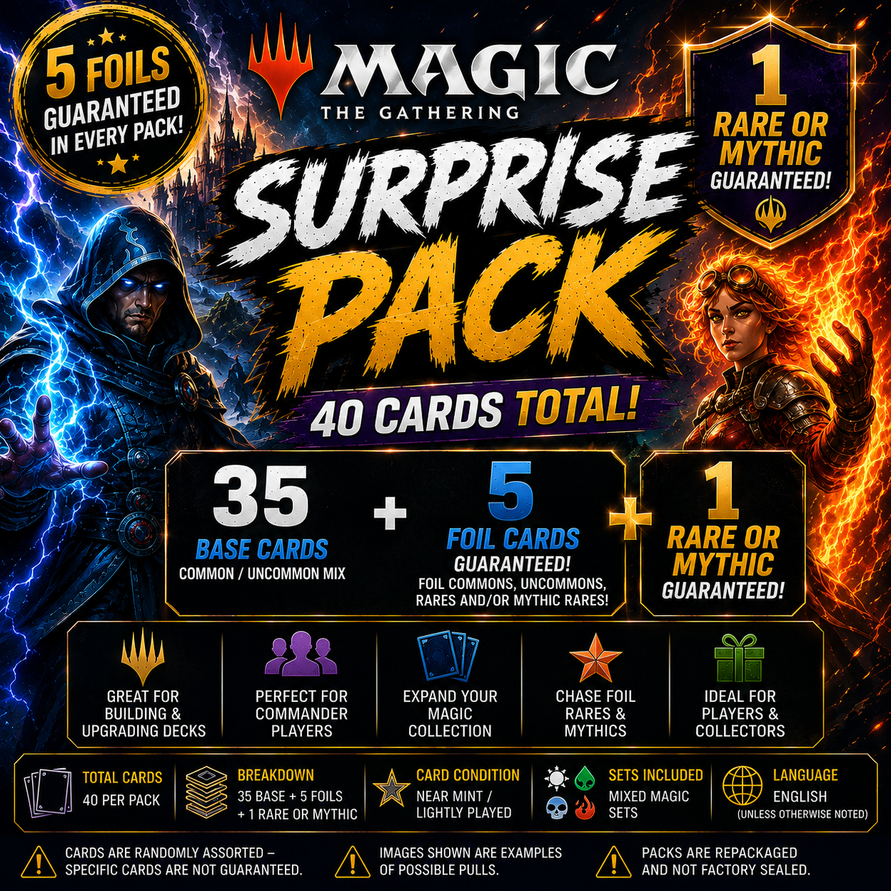 Magic: The Gathering Trading Card 40-card Surprise Pack – 5 Guaranteed Foil Cards + 1 Guaranteed Rare or Mythic card per pack!!