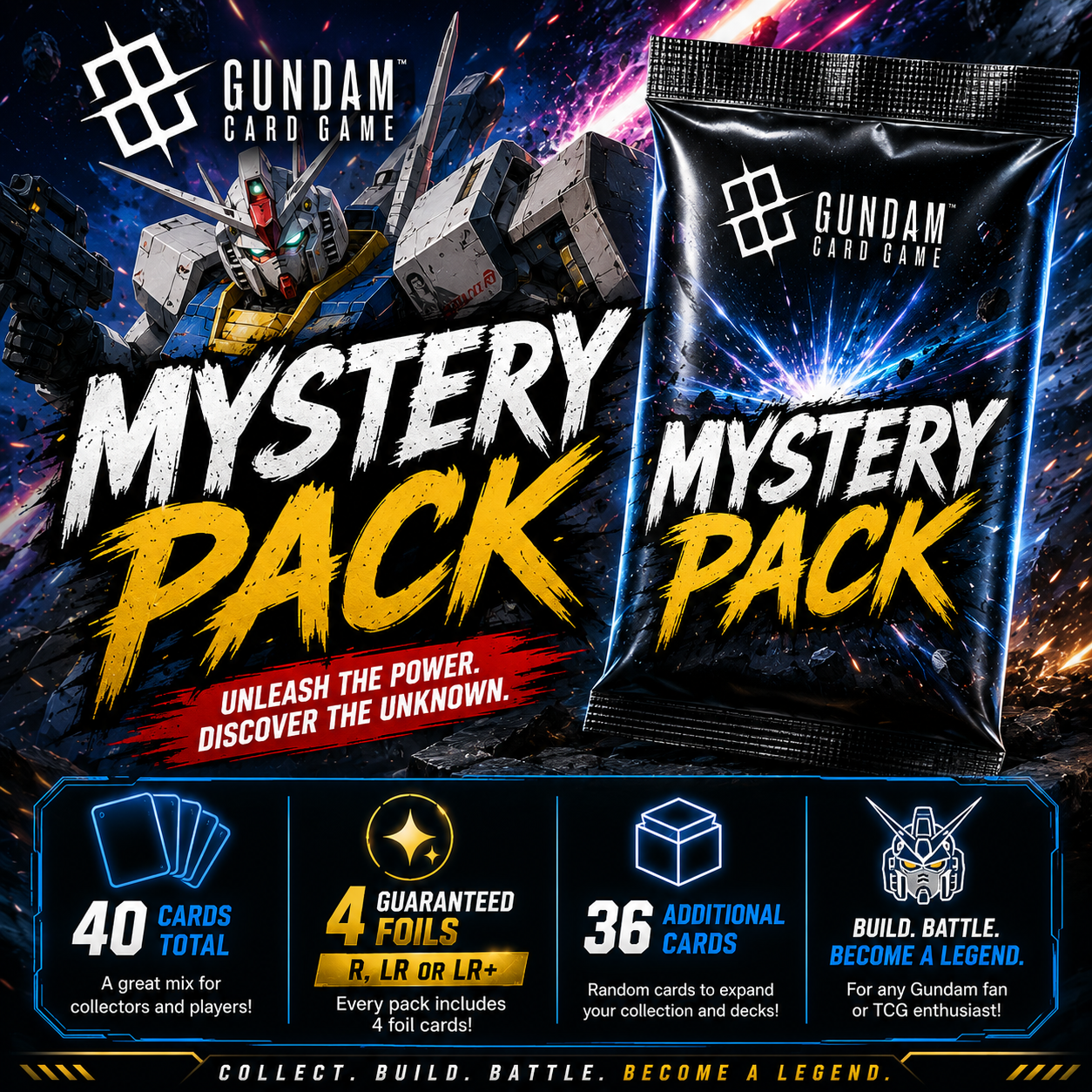 Gundam TCG 40-Card Mystery Pack – 4 Guaranteed Foils (R, LR or LR+)