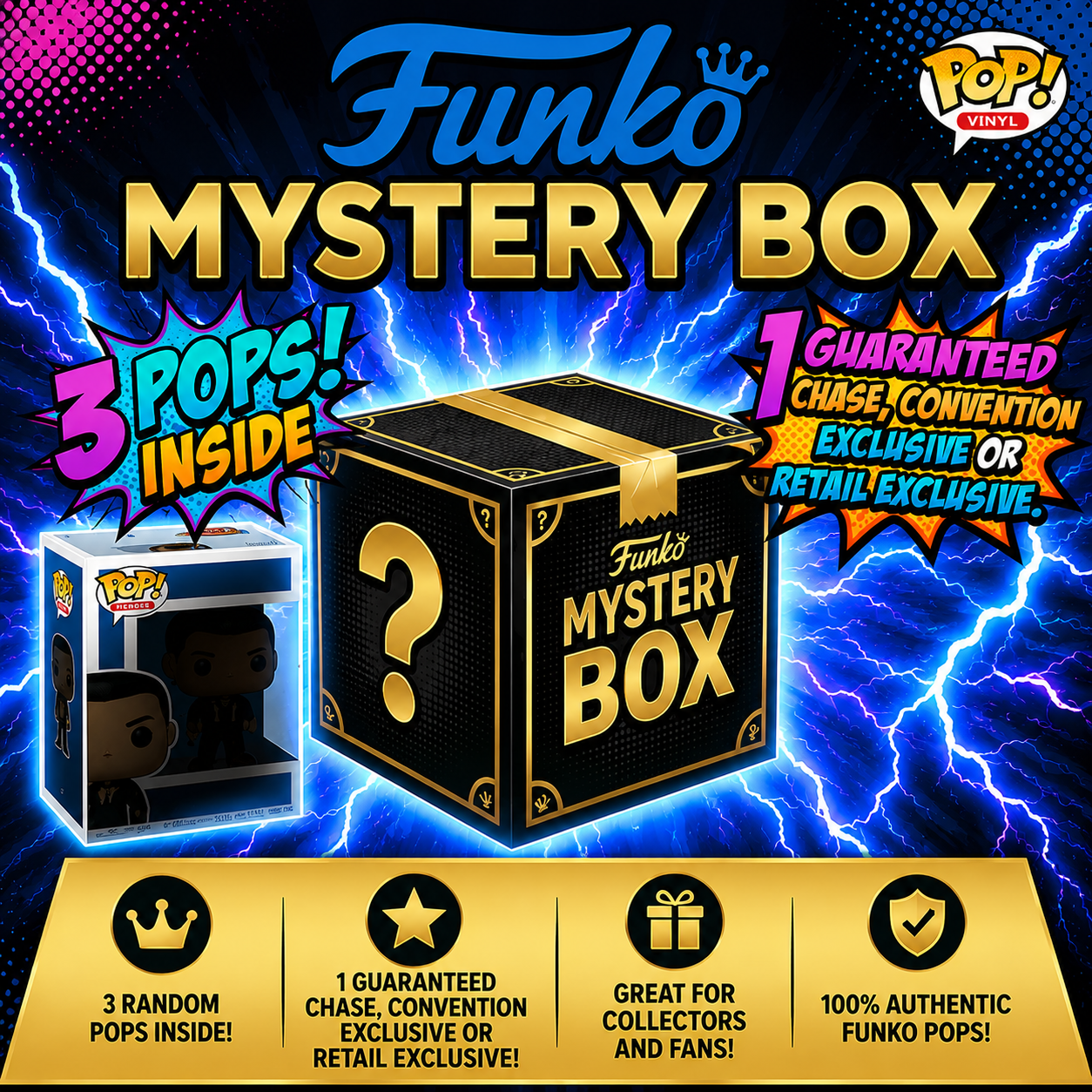 FUNKO MYSTERY BOX! 3 Pops (1 Guaranteed Chase, Convention Exclusive or Retail Exclusive)