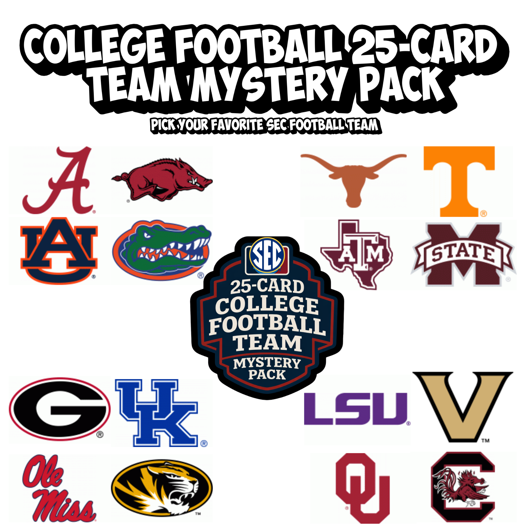 SEC COLLEGE FOOTBALL Football Cards 25 Card Team Lot - PICK YOUR FAVORITE SEC TEAM (Possible: HOF, Legends, Insert, Parallels and more) ALL player cards are in their college UNIFORM!