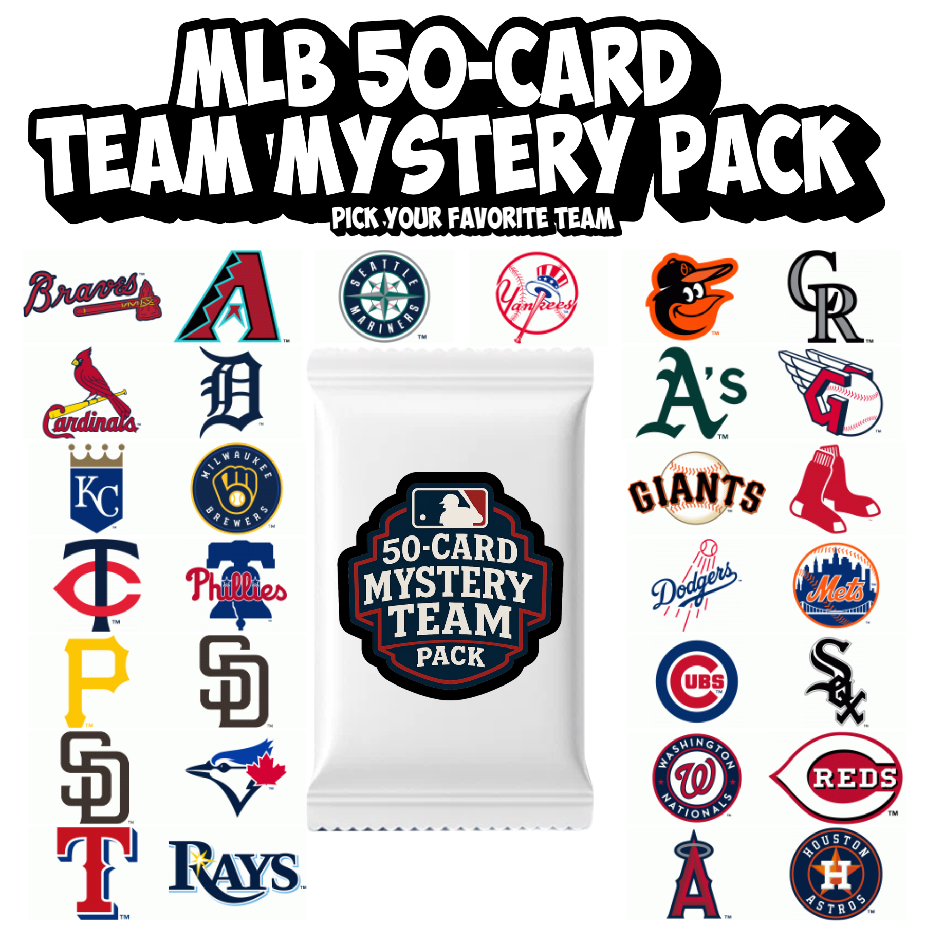MLB 50-Card Mystery Baseball Card Team Pack – Choose Your Favorite Team!!