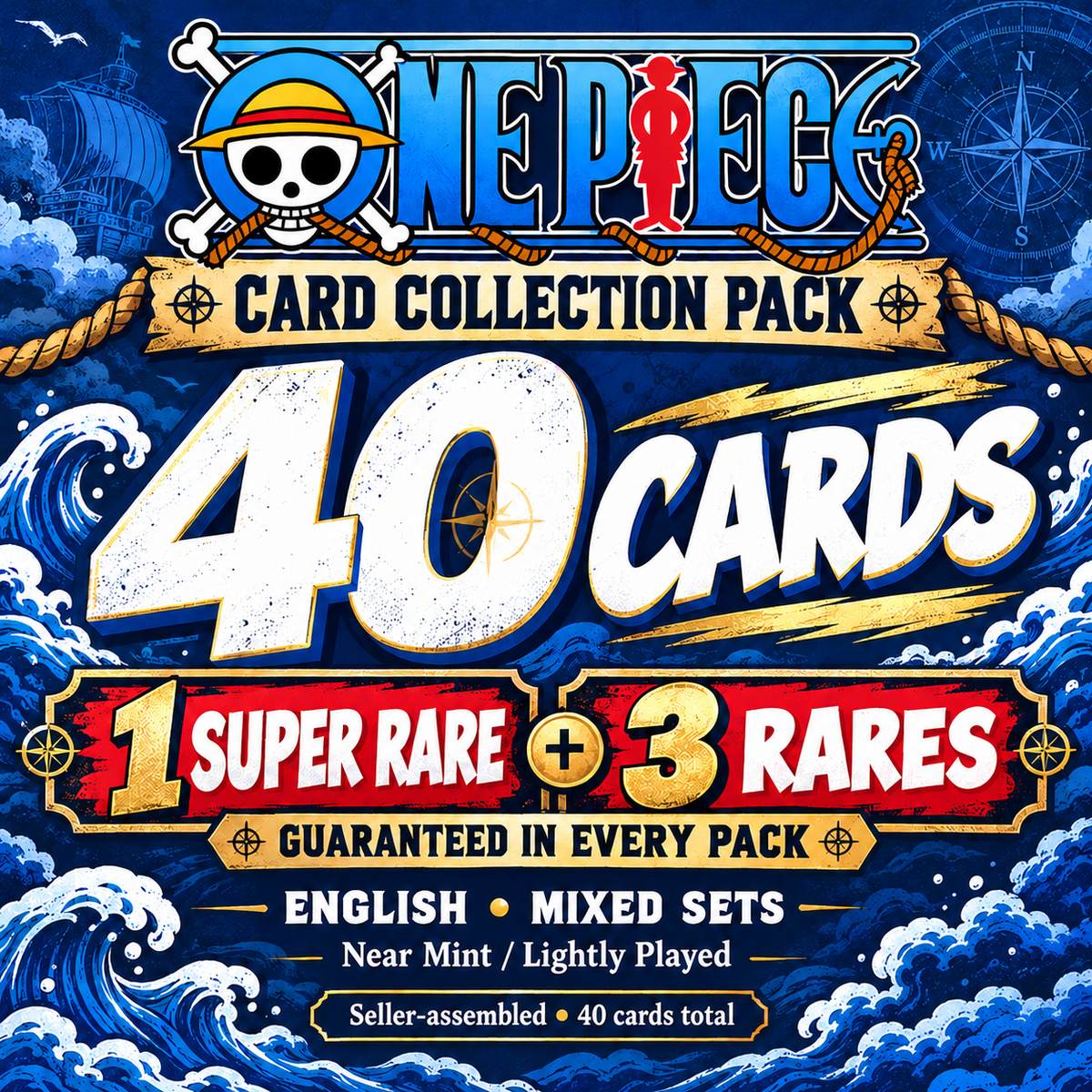 One Piece Card Game 40-Card Collection Pack – 1 Super Rare + 3 Rares – English