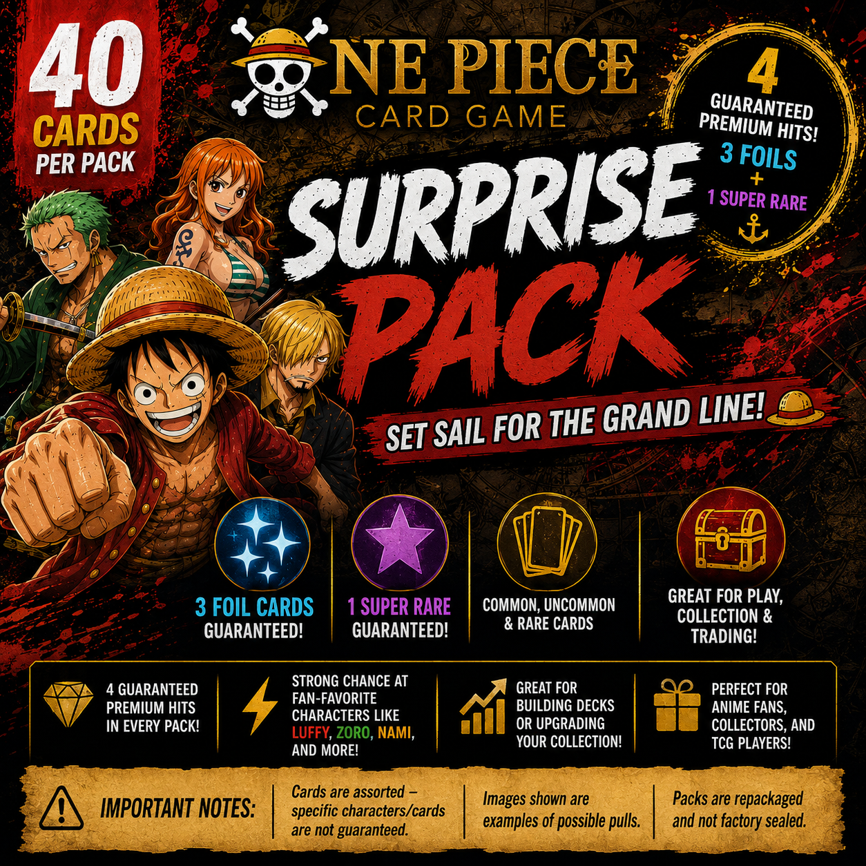One Piece Card Game Surprise Pack – 40 Cards – 3 Foils + 1 Super Rare Guaranteed – Anime TCG Bundle – Collector Surprise Pack